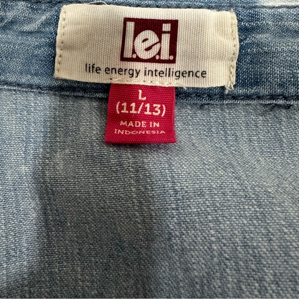 l.e.i Womens Junior Longsleeve Denim Bleach Acid Washed Button Shirt- L(11-13) - Picture 6 of 10